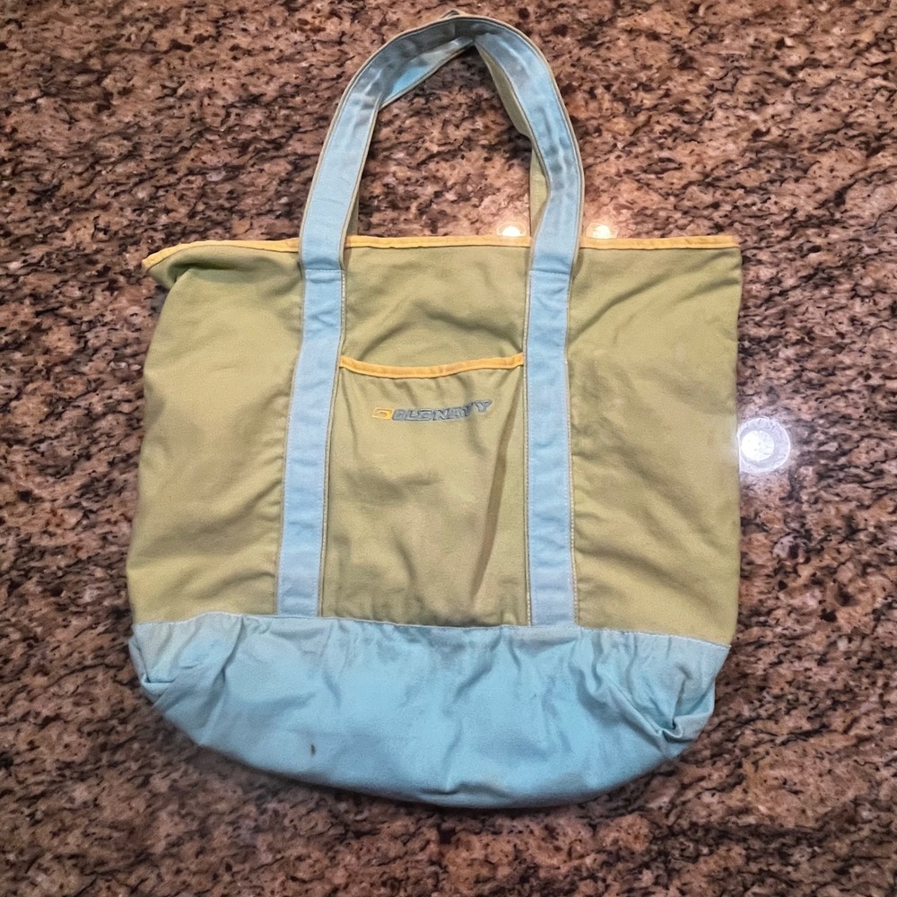Vintage Old‎ Navy Canvas Tote Bag Green Blue Colorblock Zipper Beach Gym Bag